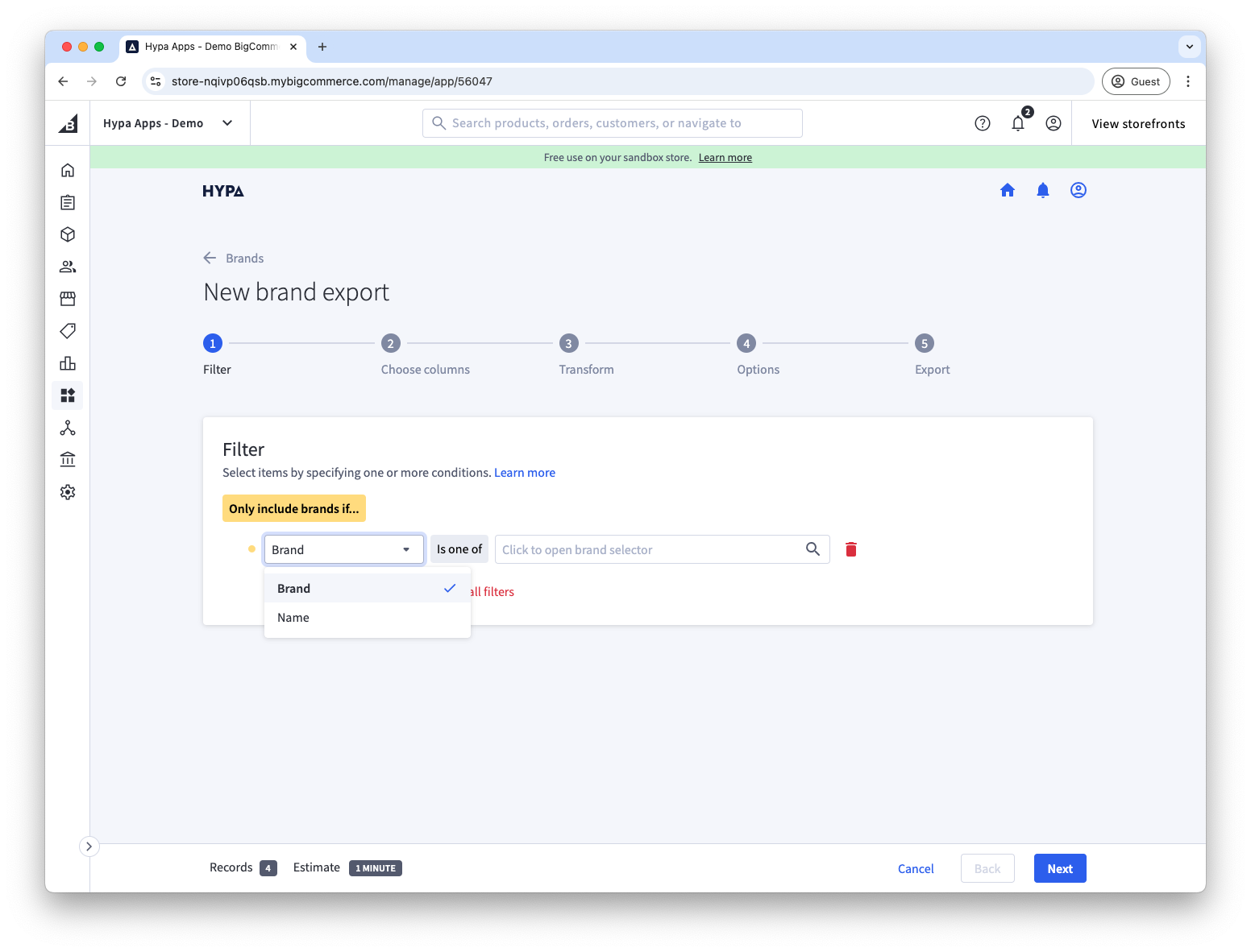 Available filters when exporting brands
