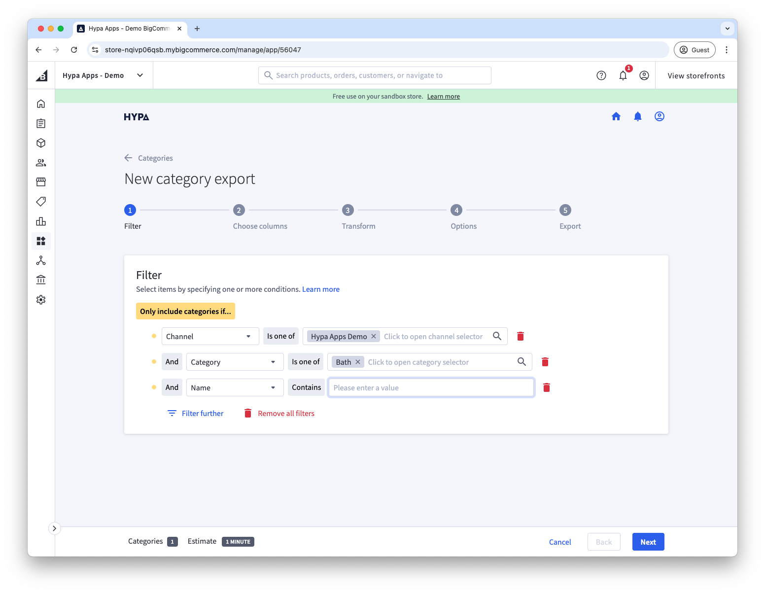 Available filters when exporting categories