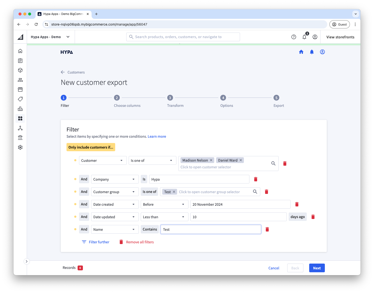 Available filters when exporting customers
