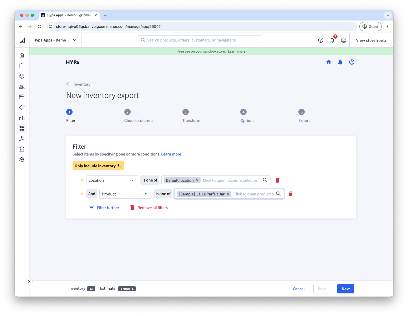 Available filters when exporting inventory