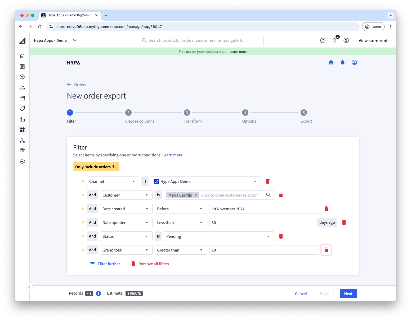 Available filters when exporting orders