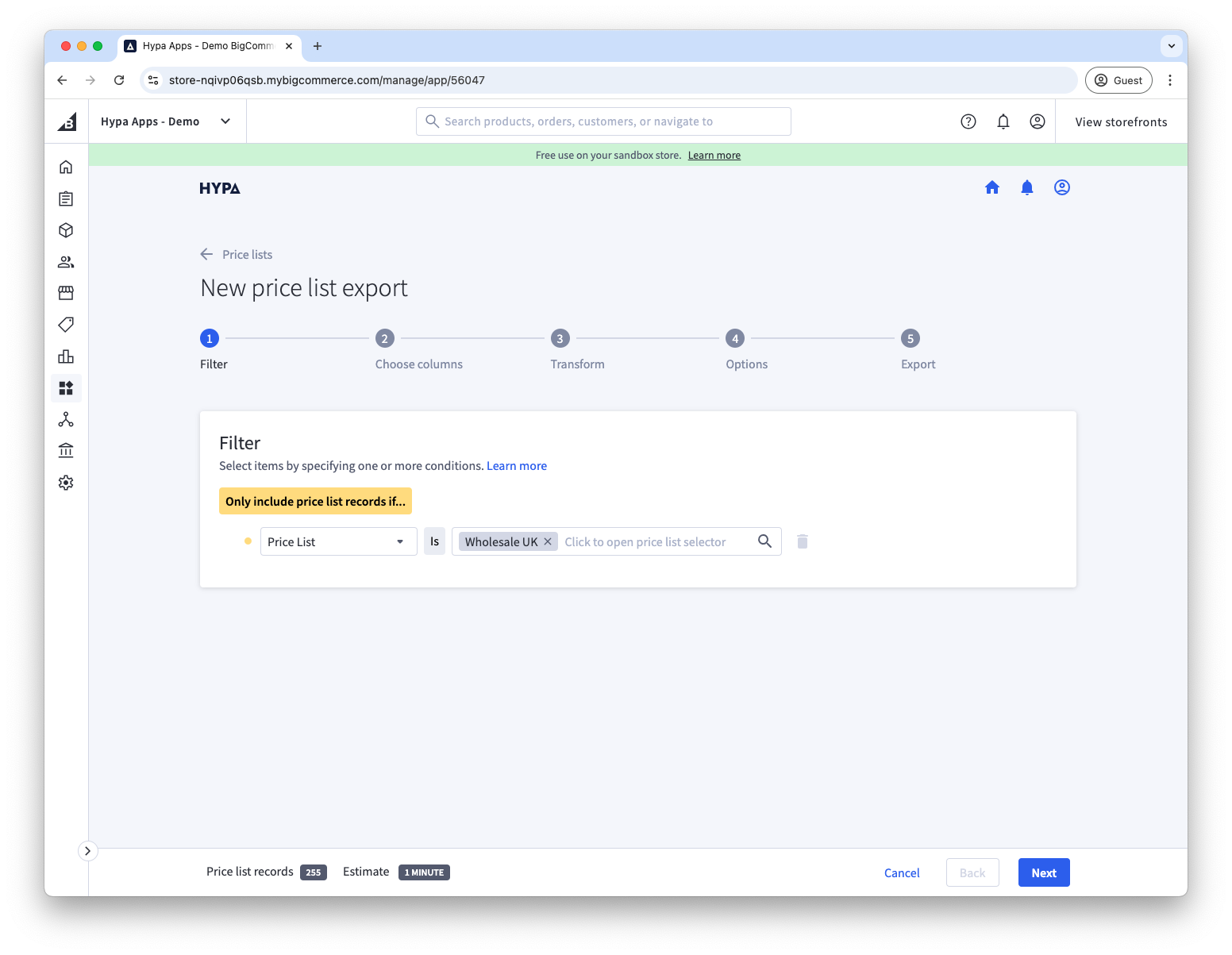 Available filters when exporting price lists