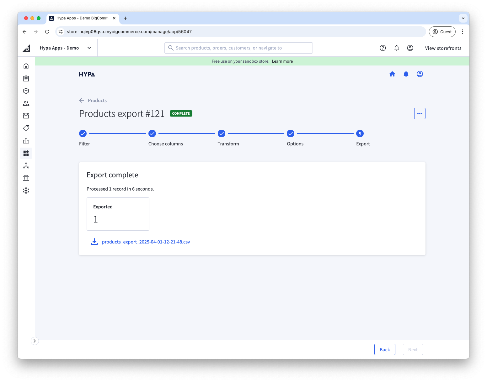 Export complete screen with statistics and download