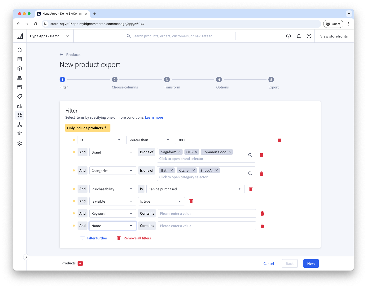 Filter product export by multiple conditions with rule builder