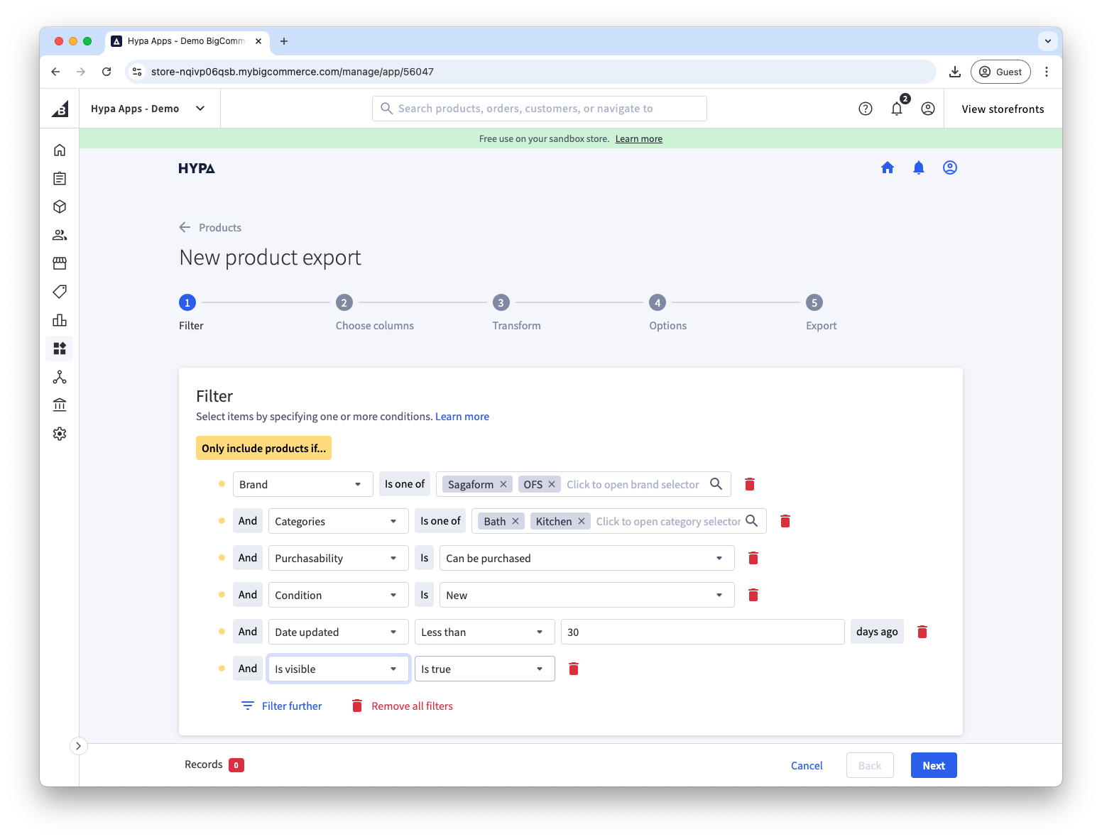 Product exports can be filtered using a wide range of conditions