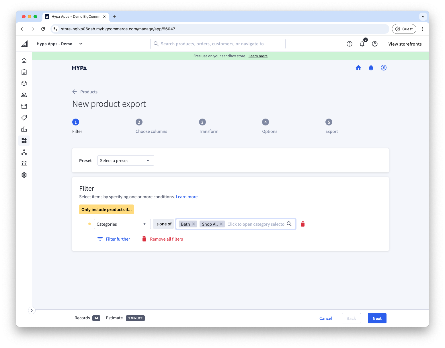 Product export with filters will reduce the estimated duration