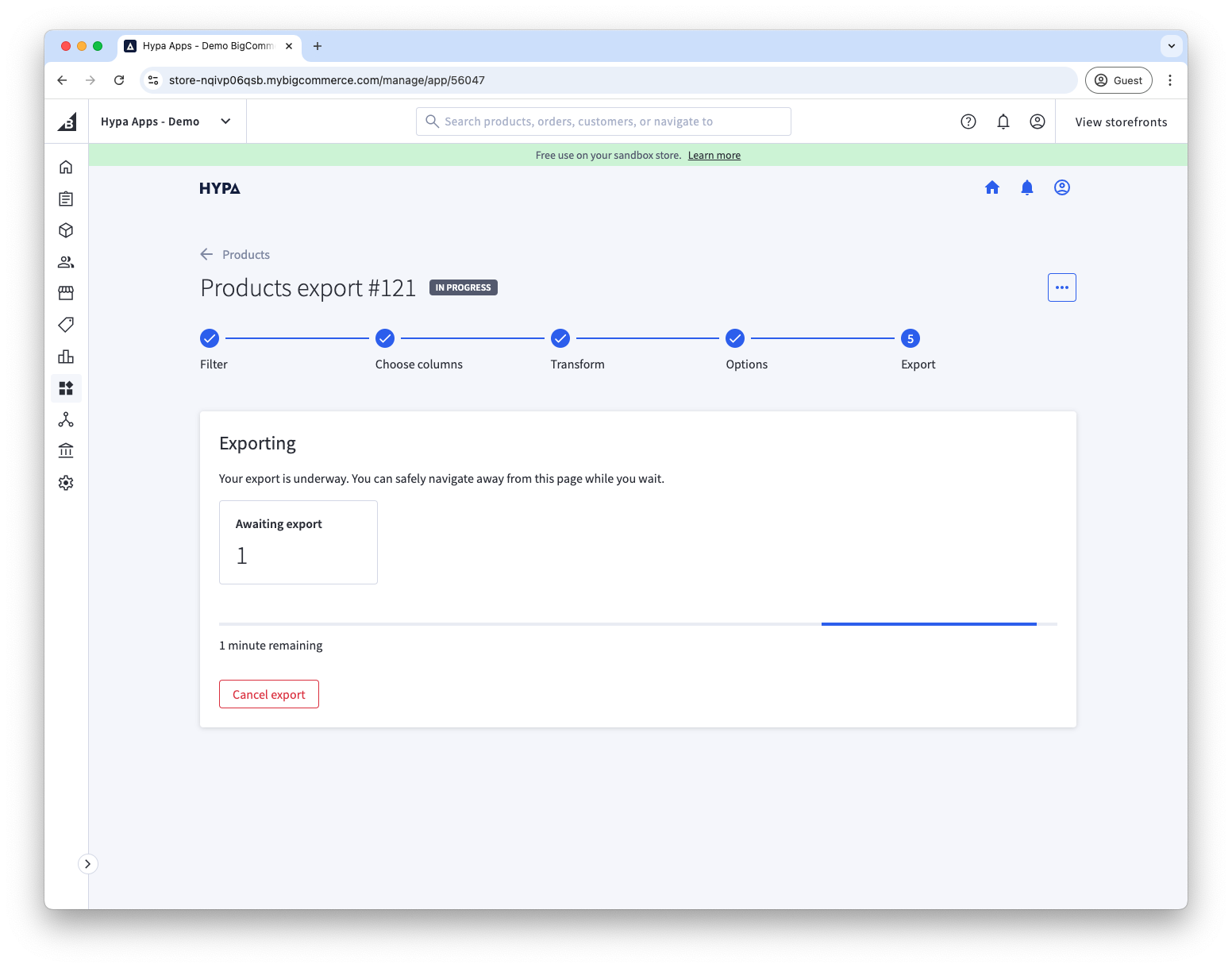 Progress is shown once export is started