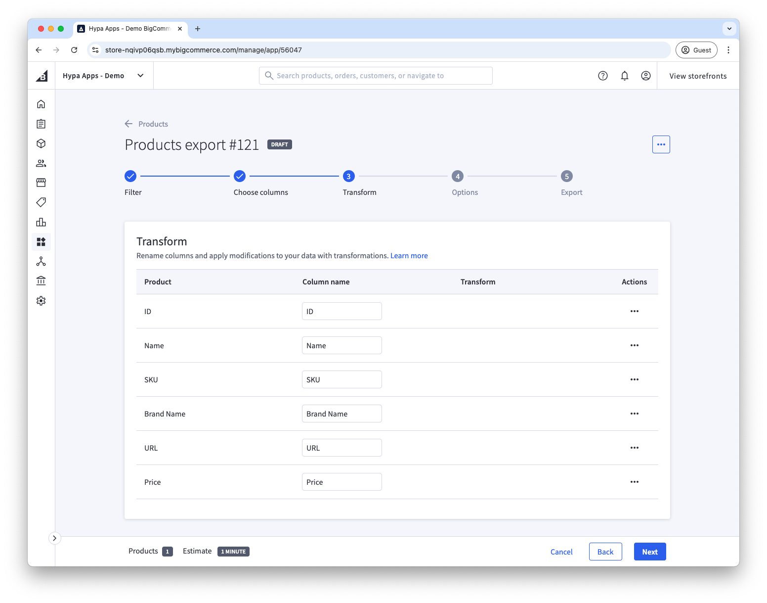 Option to rename columns before exporting to a file