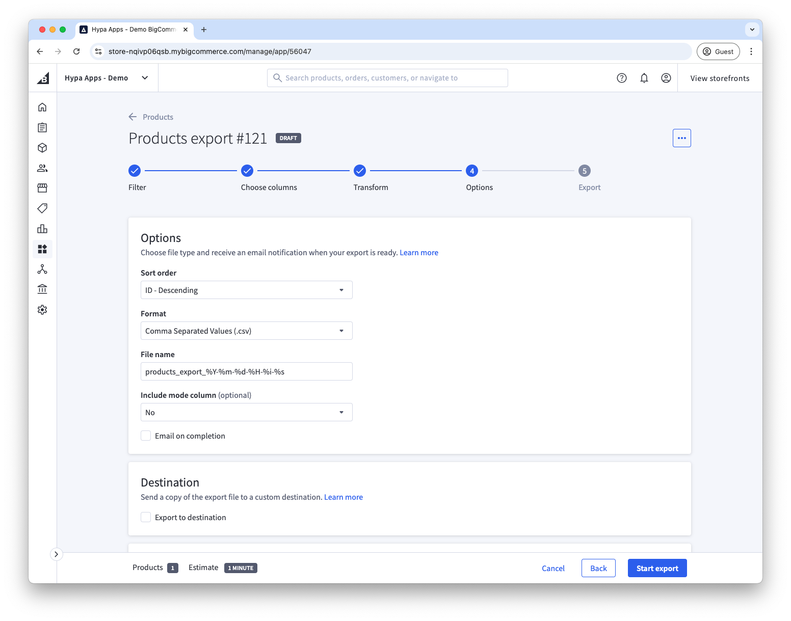 Final export options before starting the export