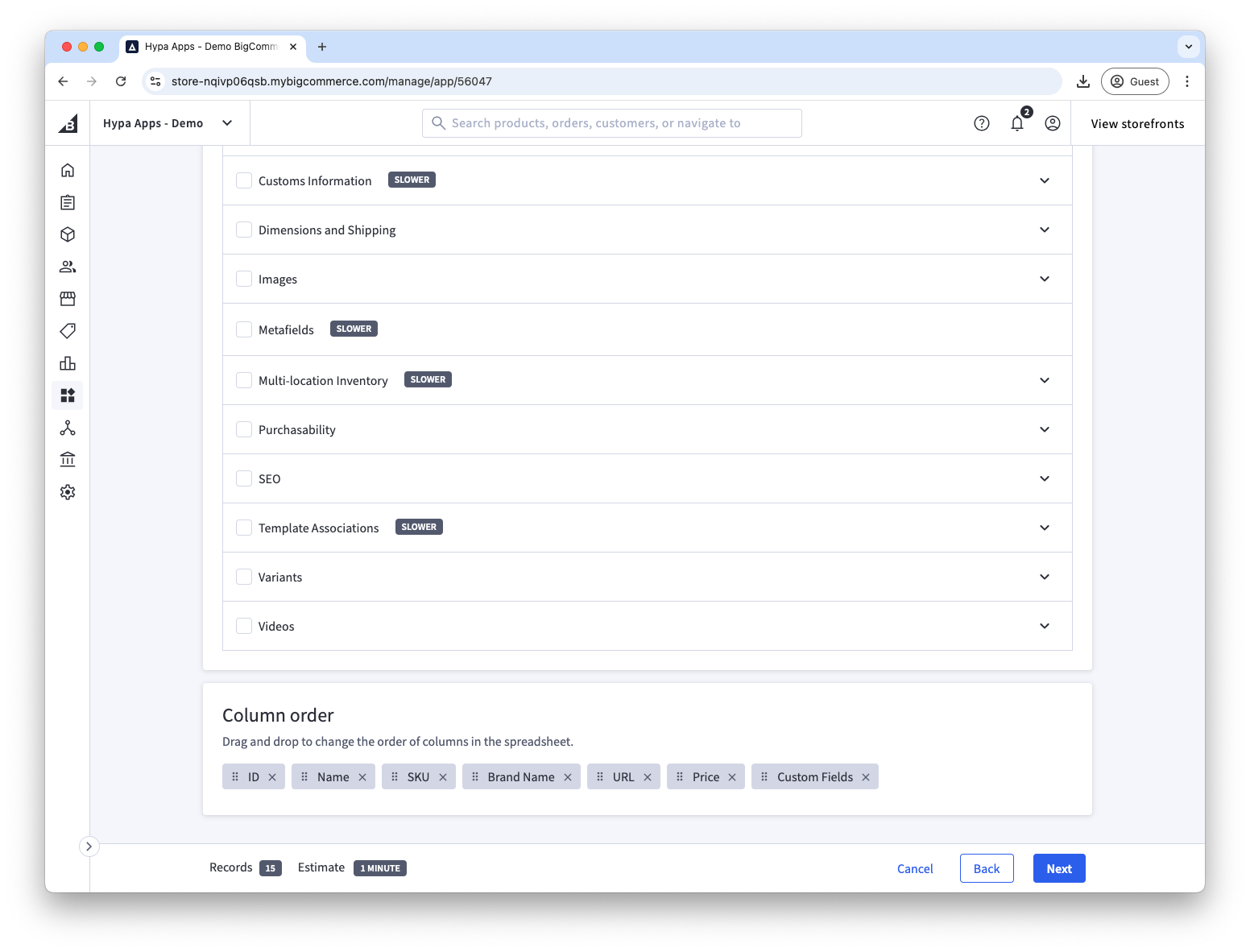 Drag and drop to reorder export columns