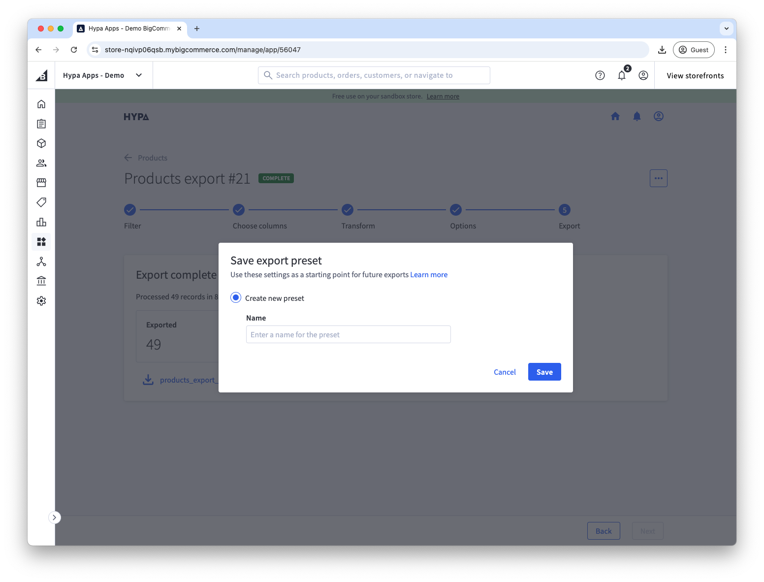Save a past export as a preset