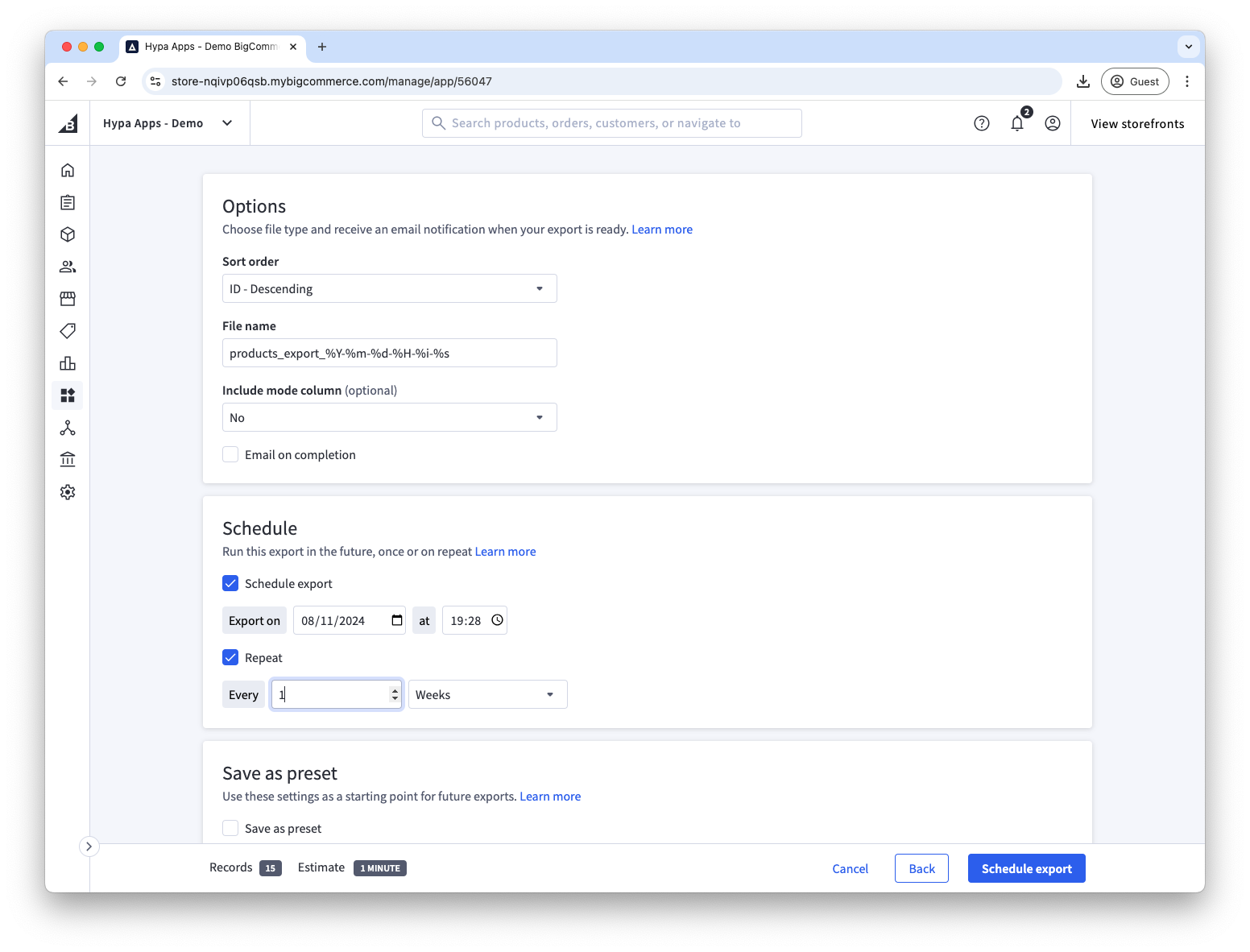Schedule an export on repeat