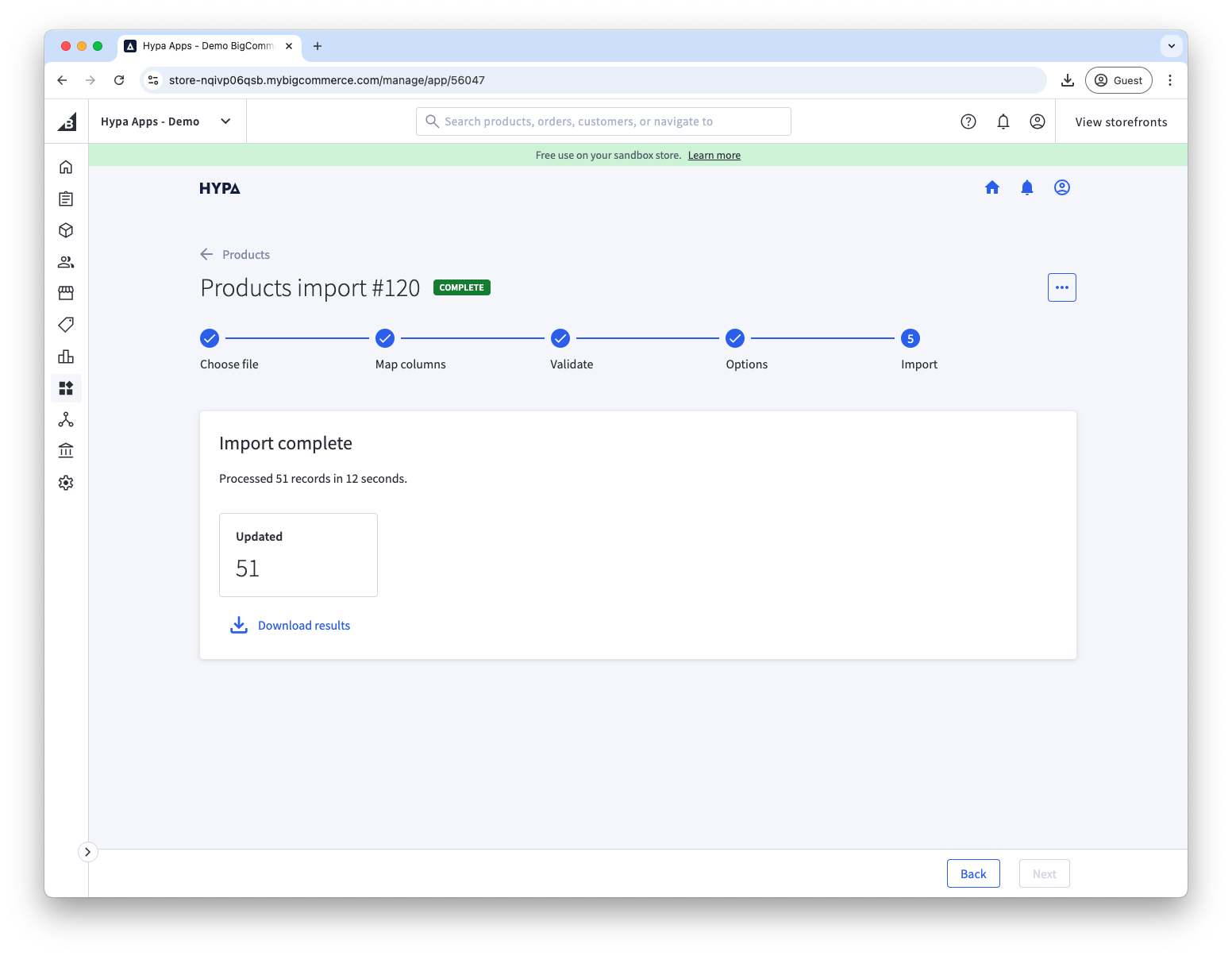 Once complete, import results and download are available