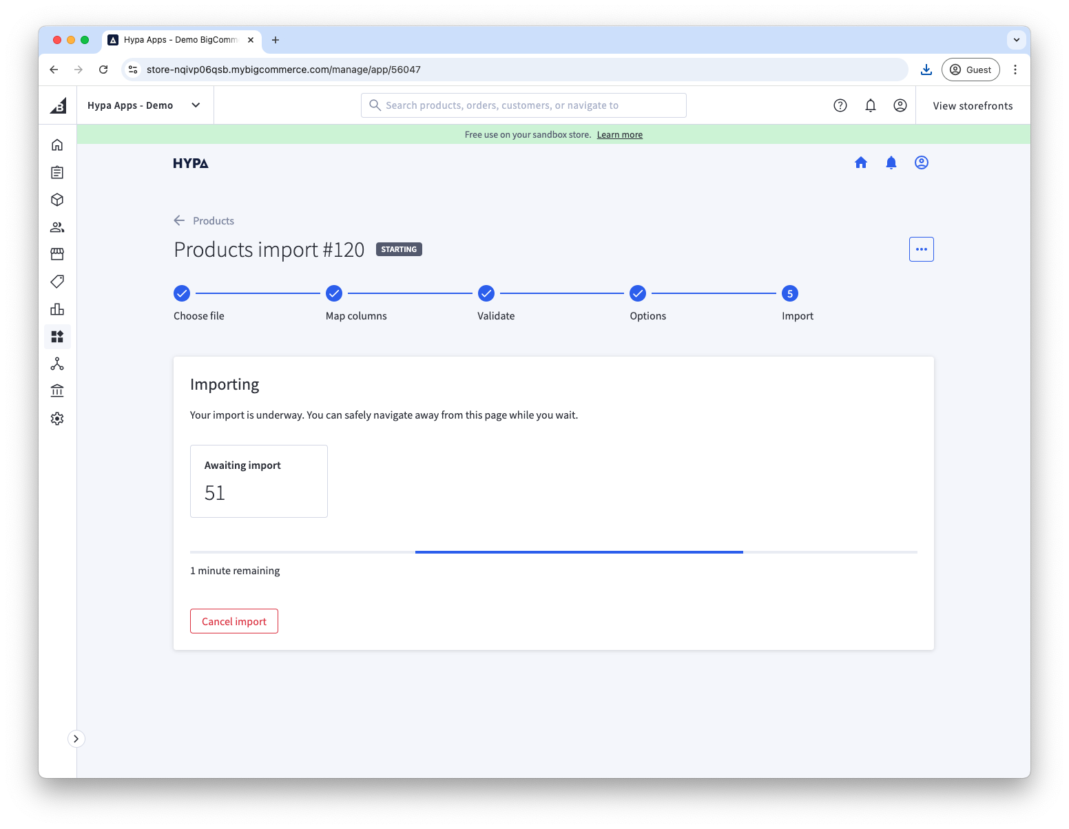 Progress bar is shown once import is in progress