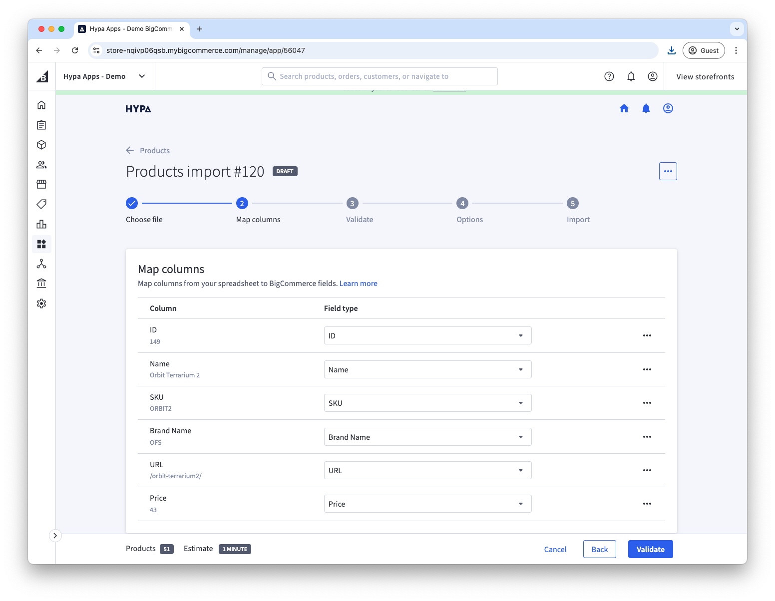 Map columns in spreadsheet to fields in BigCommerce