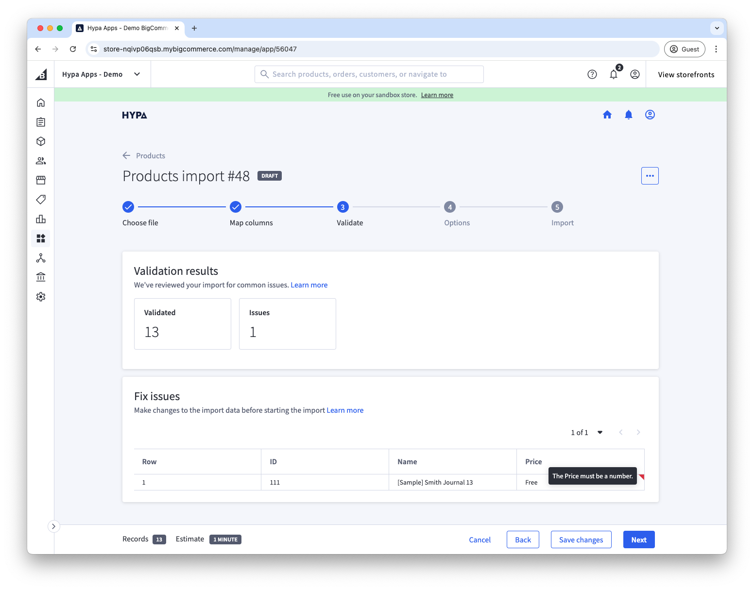 Validation error message shown with opportunity to correct