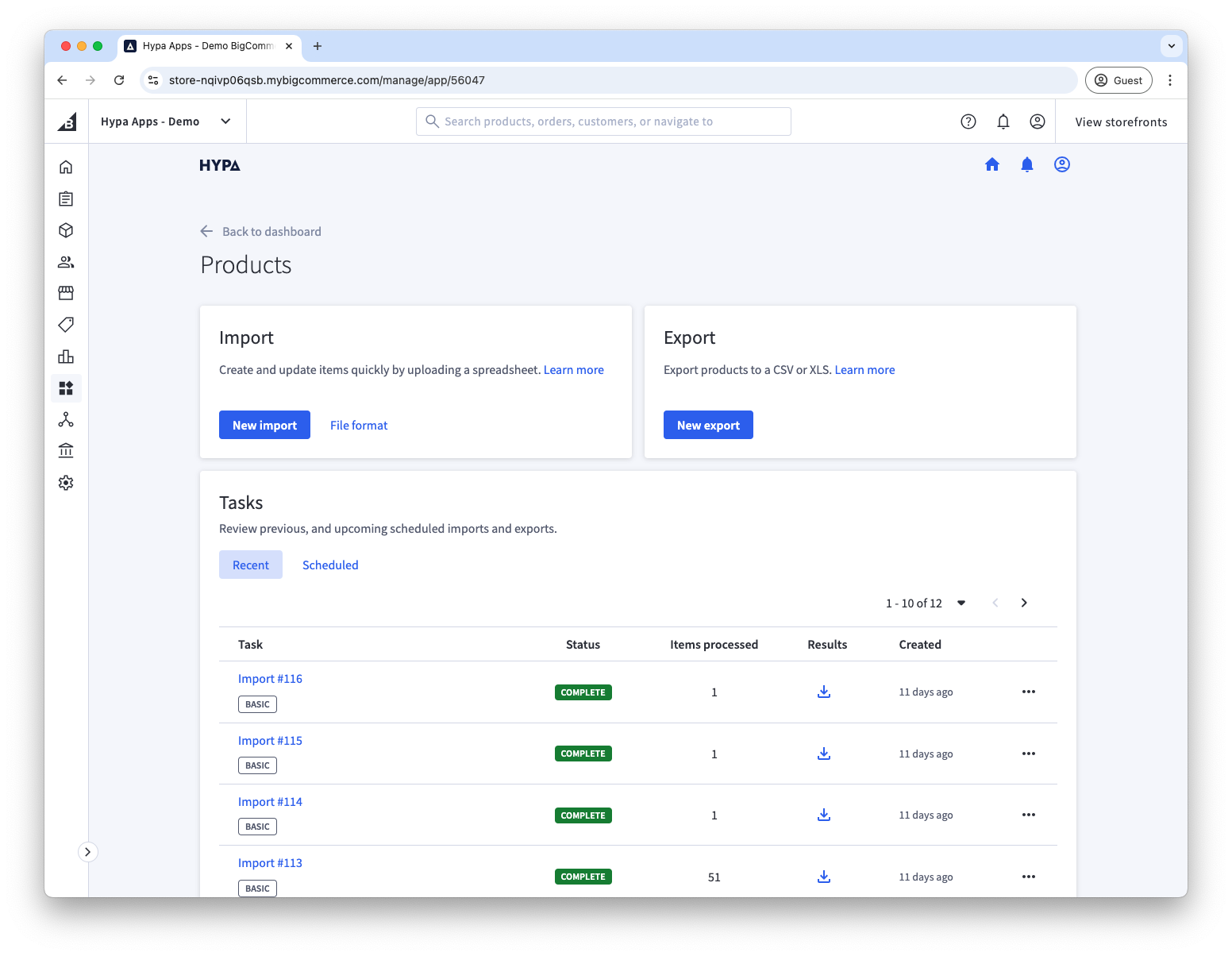 Hypa Shift Products resource when you can choose to start a new import or export