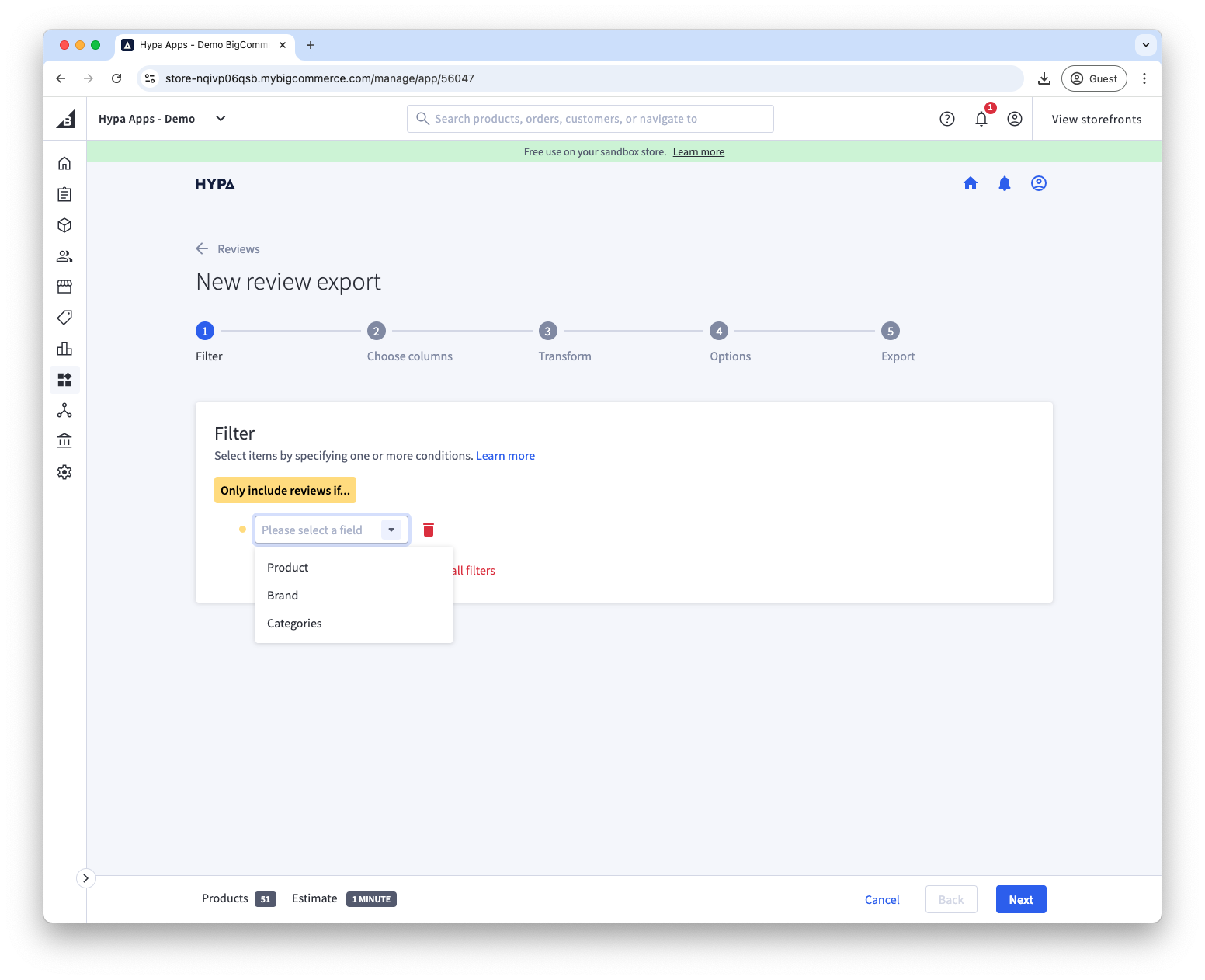 Available filters when exporting review