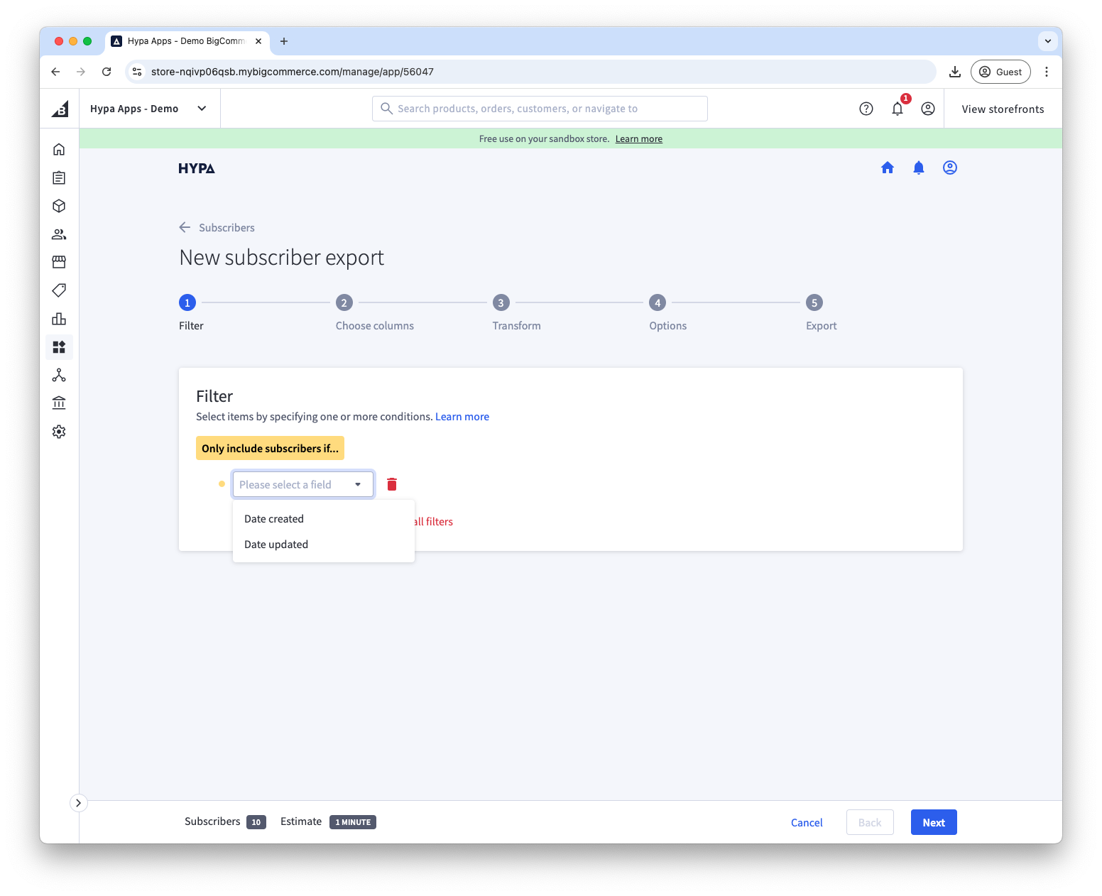 Available filters for subscribers export