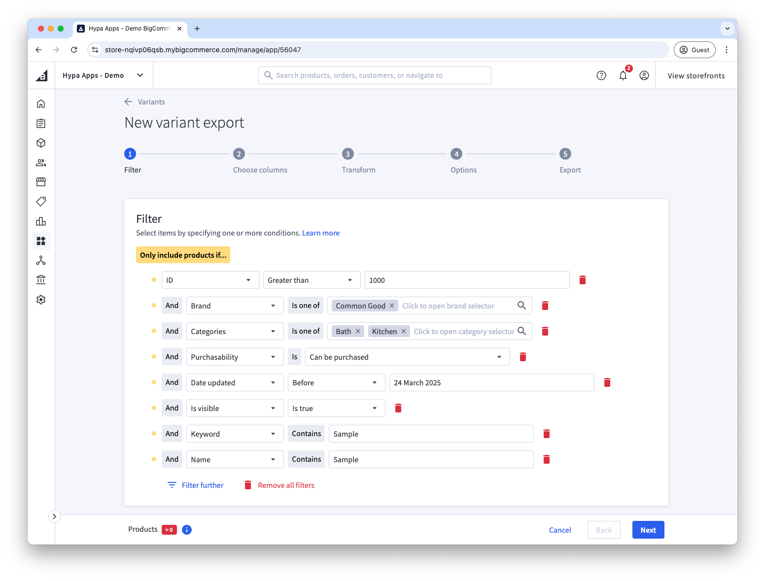 Available filters when exporting variants