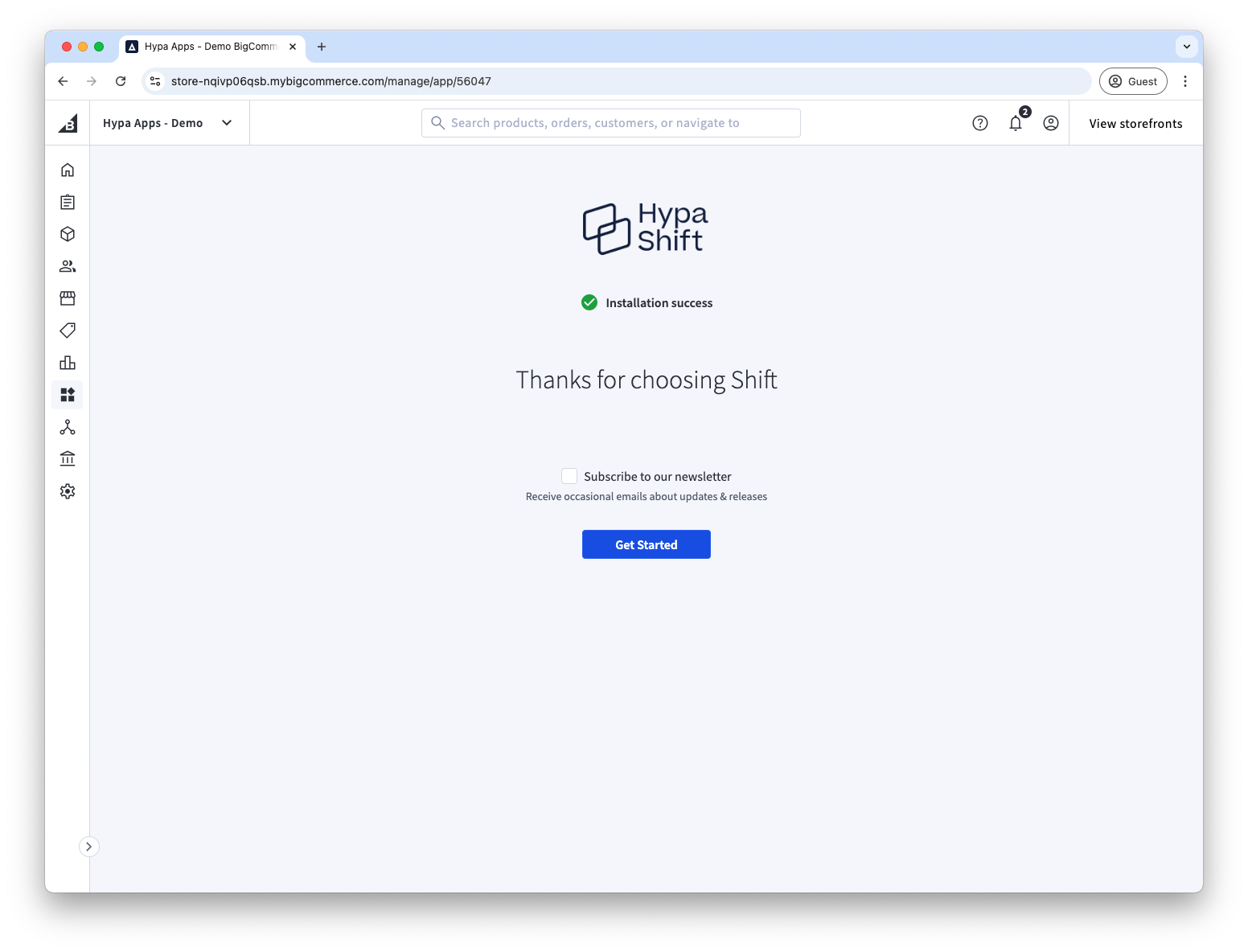Shift shows an installation success message once complete
