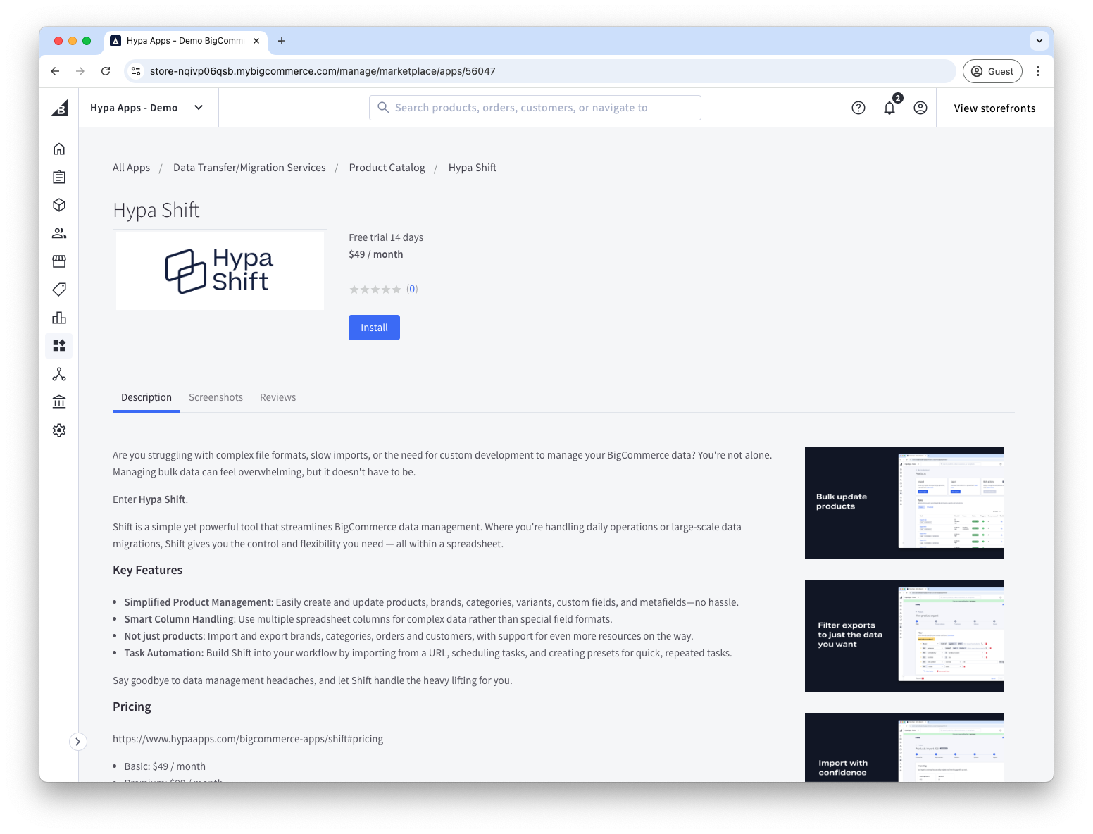 Shift installation screen in the BigCommerce app marketplace