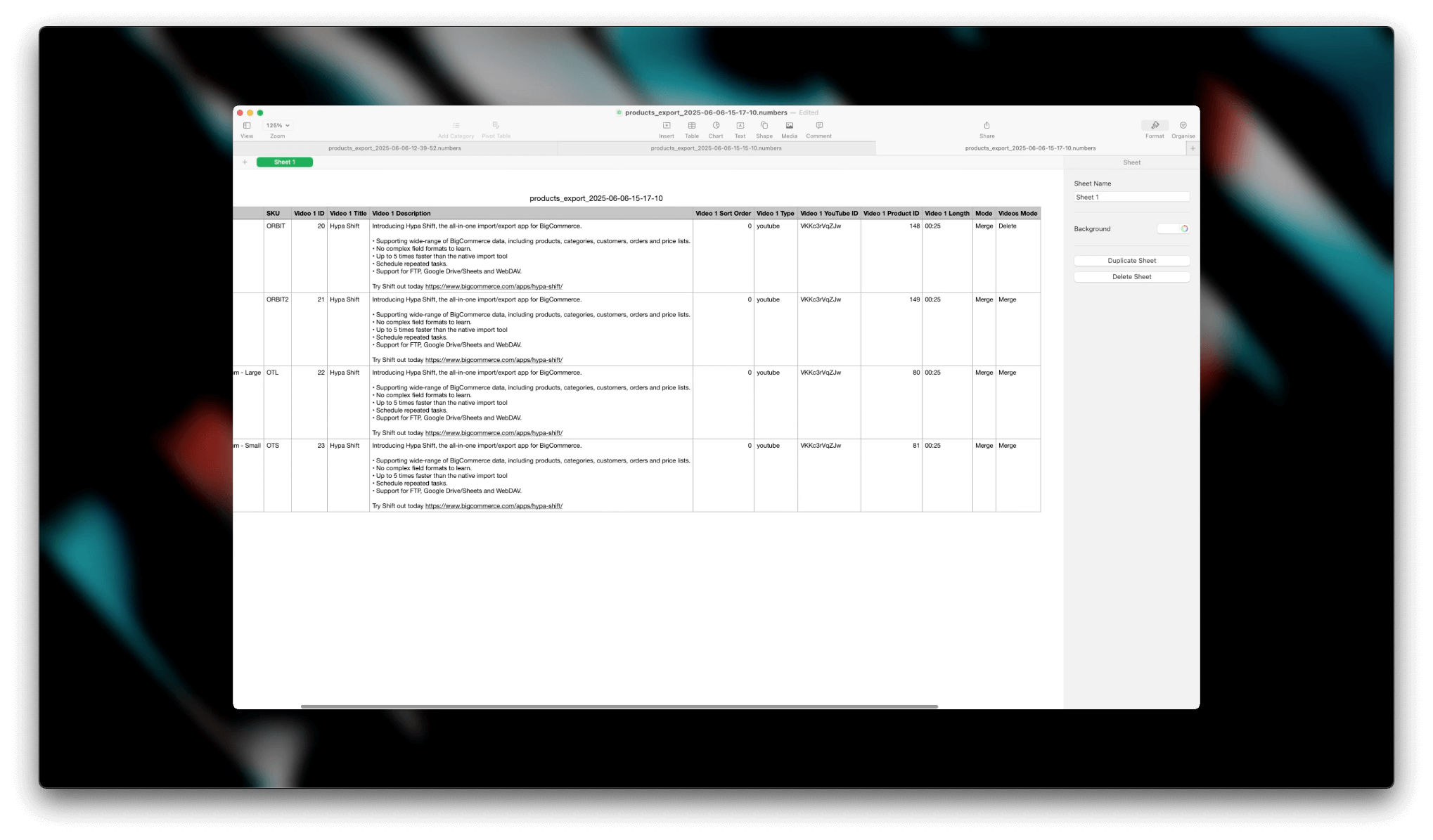 Product import file with videos