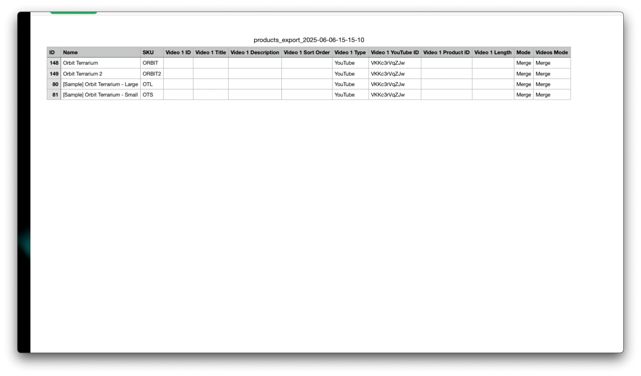 Product import file with videos